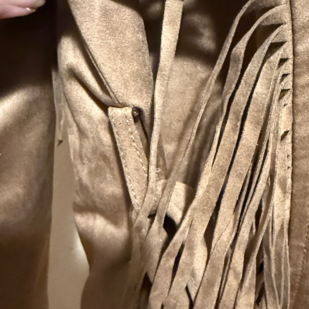 Western Tan fringe cropped moto zip jacket faux suede with belt women’s MEDIUM - Picture 11 of 15